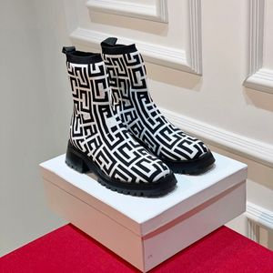 Enkellaarsjes met blokhak van topkwaliteit Blokhak met blokhak Leren zool Ronde neus Soklaarzen Dames luxe ontwerpers mode gebreide schoenen fabriek schoenendoos
