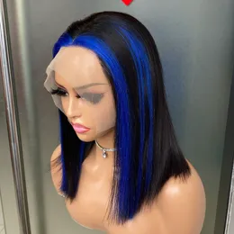 Top Qualité Péruvienne Indien Brésilien 1b Bleu Highlight Couleur 100% Brut Vierge Remy Cheveux Humains Droite 13x4 Transparent Dentelle Frontale Bob Perruque