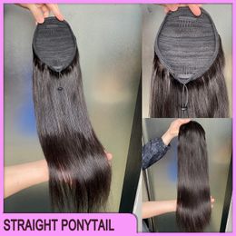 Extensiones de cabello de cola de caballo rectas y sedosas, cabello indio malasio peruano de alta calidad, cabello humano Remy virgen 100% crudo