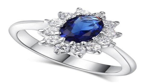 Princesa Kate de alta calidad, gema azul creada, cristal azul, Color plata, anillo de cristal para dedo de boda, joyería de marca para mujer 6610446