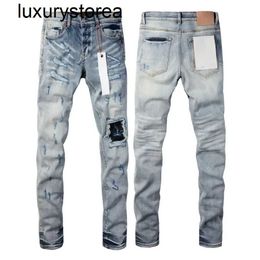 Topkwaliteit paarse jeans heren 1 1 high street blauw gat patch licht kleurreparatie laag verhoogde strakke denim broek 9038