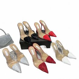 Sandalias de tacón alto puntiagudas de PVC de alta calidad Moda de verano Tacones de aguja Mulas Zapatilla Diapositiva Zapatos de vestir de diseñador para mujeres niñas fiesta Zapatos de boda x0Ep #