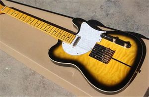 Guitare électrique matelassée en érable Tuff Dog jaune, corps en tilleul, blanc nacré, Pickguard, matériel doré, qualité supérieure