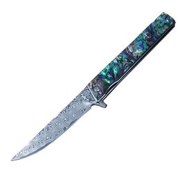 Cuchillo plegable de bolsillo R0708 de alta calidad 76 capas VG10 Hoja de acero de Damasco Palisandro / Mango de concha de abulón Rodamiento de bolas Aleta Cuchillos de apertura rápida