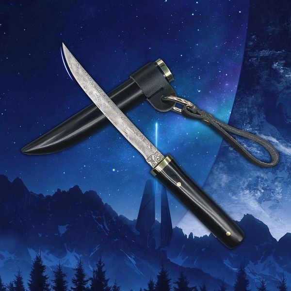 Cuchillo recto de supervivencia pequeño R8303 de alta calidad VG10 Hoja de punto de caída de acero de Damasco Mango de cabeza de latón de ébano Cuchillos de hoja fija con funda de madera