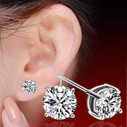 Boucles d'oreilles rondes en zircone à 4 griffes plaquées or blanc 18 carats de qualité supérieure pour hommes et femmes, boucles d'oreilles en diamant brillant, bijoux de mariage, boucles d'oreilles en cristal plaqué argent 2024