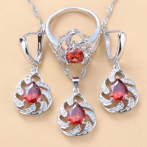 Topkwaliteit Rode Garnet Bridal Sieraden Sets voor Dames Zilveren Kleur Trendy Kostuum 3-delige Sets H1022