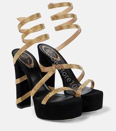 De alta calidad Rene Caovilla Margot adornado Zapatos de tacón alto Sandalias de plataforma con envoltura de tobillo Bombas de gamuza de 14 cm Bloque grueso Zapatos de vestir Fiesta de diseñador Zapatos de boda bolsa