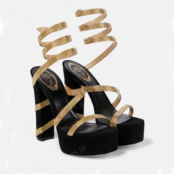 De calidad superior Rene Caovilla Margot adornado Zapatos de tacón alto Sandalias de plataforma con envoltura de tobillo Bombas de gamuza de 14 cm Bloque grueso Zapatos de vestir Fiesta de diseñador Zapatos de boda