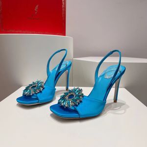 Top qualité Rene Caovilla sandales 9.5CM talon haut mode femmes bride à la cheville avec décoration en cristal de tournesol satin décontracté luxe chaussures habillées de créateur