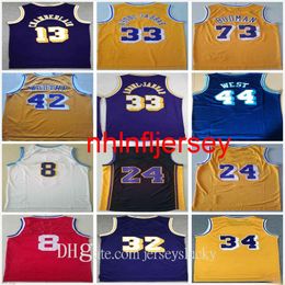 Topkwaliteit Retro Vintage Klassieke Basketbal Jerseys Mens Jerry 44 West 13 Chamberlain Dennis 42 Worthy Wilt 73 Rodman Jersey Size S-2XL