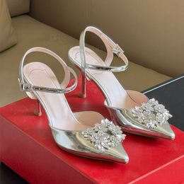 Top qualité strass boucle carrée talons slingback argentés sandales en cristal satiné chaussures habillées à talons aiguilles en cuir verni chaussures de dîner de mariage de luxe