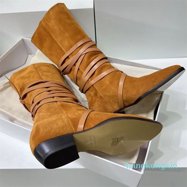 Correa de cuerda de primera calidad Wrap Half Boots bloque tacones gruesos suela de cuero con cordones botines con punta en punta Diseñadores de lujo para mujeres Zapatos occidentales