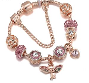 Topkwaliteit rose goud roze zilver charme kralen roze kristal hart vliegende sleutel hanger dangle fits europese pandora charms armbanden veiligheidsketting sieraden DIY vrouwen