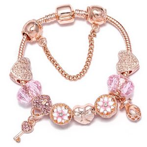 Top qualité or rose argent perles verre de Murano rose casier coeur cristal papillon convient aux bracelets à breloques européens chaîne de sécurité bijoux bricolage femmes