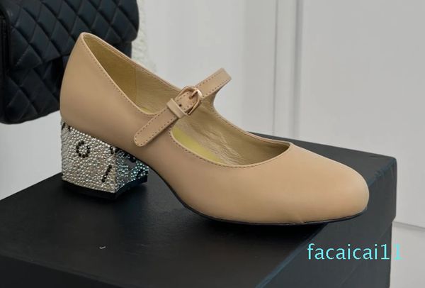 Zapatos de tacón sexis de alta calidad con hebilla para mujer, zapatos de lolita con punta redonda y tacón grueso de cristal, zapatos Mary Jane de cuero auténtico para mujer