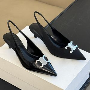 Calidad superior Sier Hebilla Cuero Seda Punta puntiaguda Sandalias Slingback Bombas Tacón Vestido de gatito Tacones de aguja Diseñador Cena Zapatos de oficina