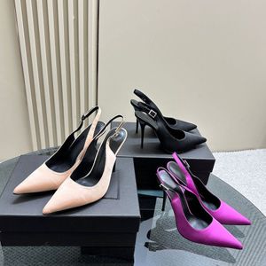 Topkwaliteit zijde hoge hakken schoenen met gespog satijnen puntige tenen stiletto hiel sandalen 10,5 cm luxe designer pumps hakken damesjurk dinerfeest schoenen met doos