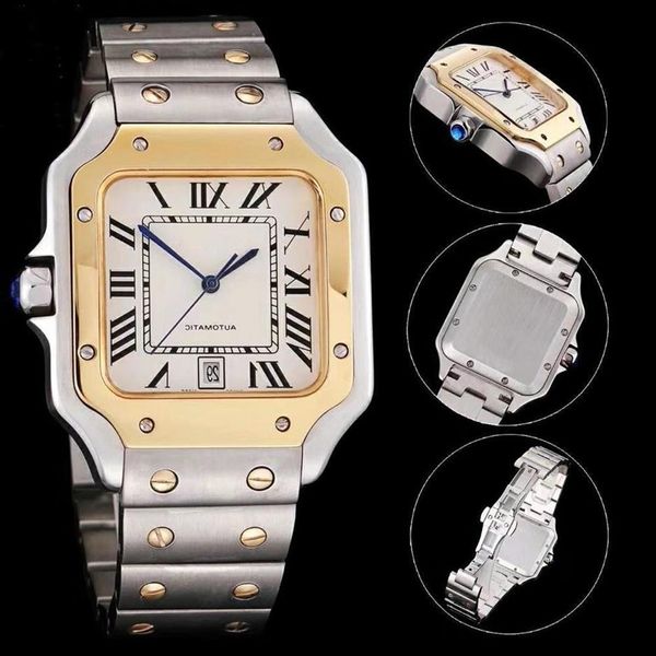 Reloj de hombre de plata y oro de alta calidad Diseño cuadrado clásico Relojes para hombre de acero inoxidable Movimiento automático Deslizamiento Barrido Movimiento Muñequera WA220I