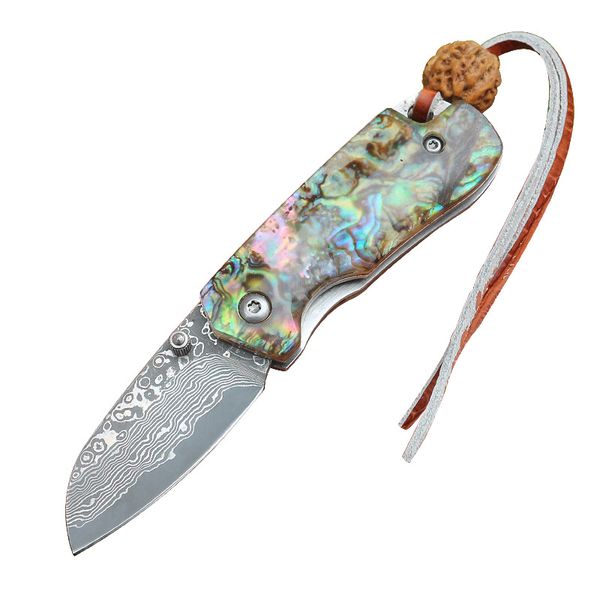 Cuchillo plegable pequeño de alta calidad VG10, hoja de acero de Damasco, mango de concha de abulón, cuchillos de regalo de bolsillo EDC