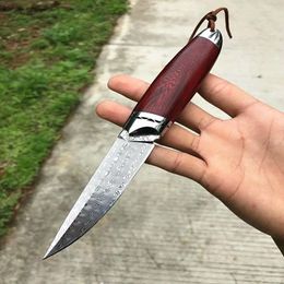 Topkwaliteit Rechte mes VG10 DAMASCUS Steel Blade Rosewood + Roestvrij staal Hoofdhandvat met lederen schede