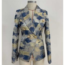 Botones de león de las mujeres de la chaqueta del diseñador elegante de la calidad superior de la chaqueta de jacquard del bloque de Colo de doble botonadura desgaste exterior 211006