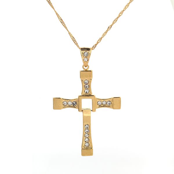 Calidad superior The Fast and the Furious Celebrity Fashion 24K Gold Crystal Jesus Cross Colgante Collares Hombres Mujeres Joyería