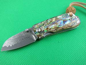 Couteau de pliage de poche Damascus de 4,5 pouces VG10 Damasussuss Blade d'acier Abalone Shell + Poignée en acier inoxydable Couteaux EDC