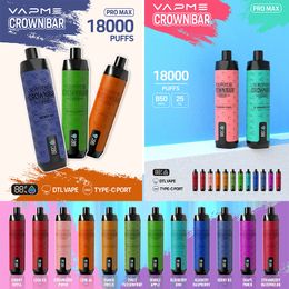 Qualité supérieure VAPME CROWN BAR 18000 bouffées Vape jetable 12 couleurs 650mAh Batterie Vape avec batterie rechargeable à bobine de maille 2% 5% 18K Cigarettes jetables VS ALFAKHER