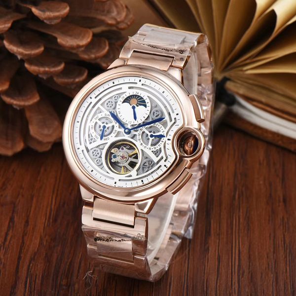 Reloj de alta calidad 44MM para hombre movimiento mecánico automático reloj de lujo esfera esquelética cuero pulsera de acero inoxidable moda diseñador de negocios reloj para hombre