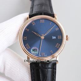 Top Kwaliteit Horloge Villeret Ultraplate 6651-3640-55 Miyota 9015 Automatische Mens Horloge 40mm Rose Gold Case Blue Dial Romeinse Numerals Gents Sport Horloges Lederen Band