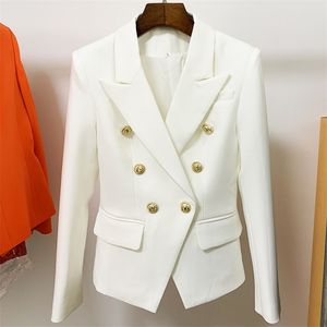 TOP KWALITEIT Witte Blazer Vrouwen Slanke Elegante s Jas vrouwen Fitting Metalen Leeuw Knoppen Double Breasted Femme 211019