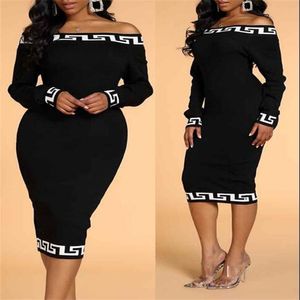 Top qualité femmes robes décontractées tricots à manches longues classique lettre imprimer femmes mince hors épaule robe une pièce jupe taille S-XXXL