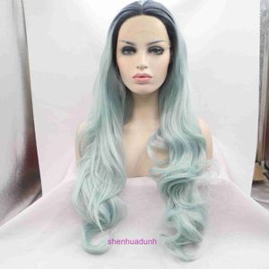 Coiffure de perruque féminine de qualité supérieure à vendre Nouveau look diagonal frange menthe bleu grande vague fibre synthétique bouclée