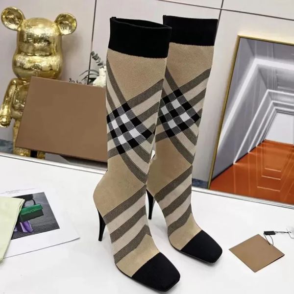 Top Qualité Femmes Check Stretch Knit Chaussette Talons Aiguilles Sur Les Bottes Au Genou Pour Femme De Fête De Luxe Automne Hiver Designer Pointu