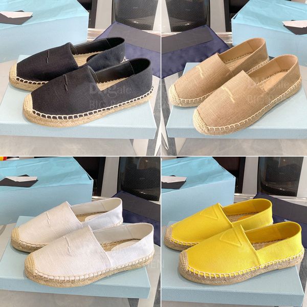 Calidad superior Tejido con punta cerrada Letras Lino Lona Alpargatas Goma Suela de paja Mocasines Pisos Tacones Diseñador de lujo para mujer Slip-on Zapatos casuales Fábrica con caja