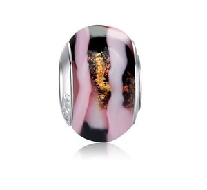 Calidad superior925 Plata esterlina Murano Glass Lampwork Beads Crystal Agate Pattern en Pink Fit European Pandora Charms Pulsera Collar DIY Joyería