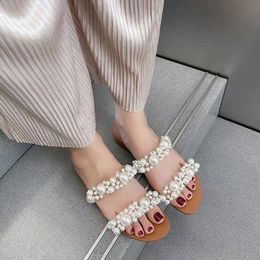 Zapatillas de perlas bohemias de alta calidad para mujer, sandalias de fondo plano, zapatos de verano con punta abierta para mujer, chanclas de cristal, zapatos para mujer