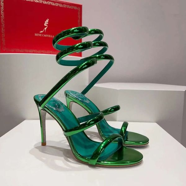 TOP Rene Caovilla Sandalias Mujer 9.5 CM Zapatos de vestir de diseñador de lujo Tobillo envuelto en serpiente Zapatos de boda con punta abierta Zapatos de fiesta de cuero lacado informal