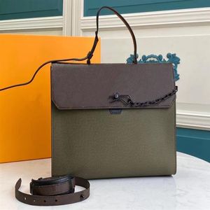 Maletín TOP Robusto de cuero Taiga en verde y negro, bolso de mano para mujer, bolso clásico de moda, adorno de cuero de vaca, pin de firma Lo247H