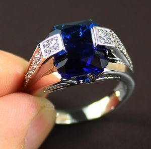 Top Verkoop Drop Shipping Luxe Sieraden 925 Sterling Zilver Princess Cut Blue Sapphire CZ Diamant Edelstenen Mannelijke Mannen Wedding Band ring Gift