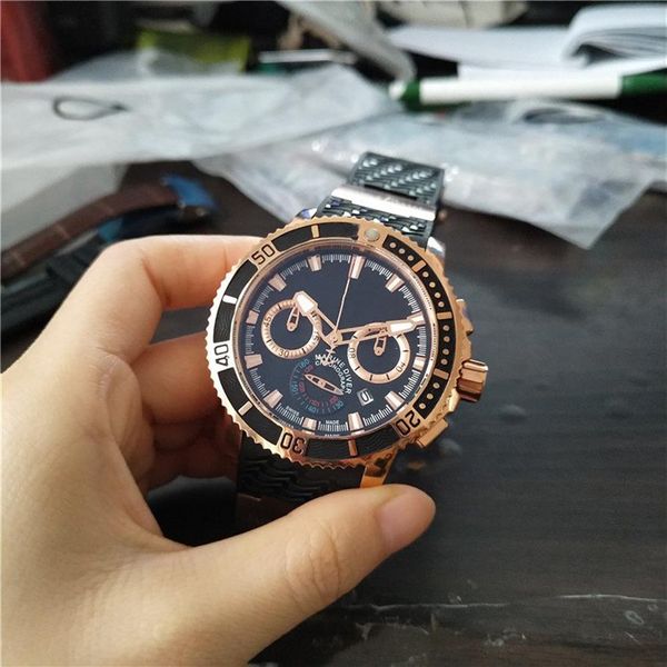 Reloj de pulsera para hombre con movimiento de cuarzo de acero inoxidable con cara negra, cronómetro, correa de goma UN142446