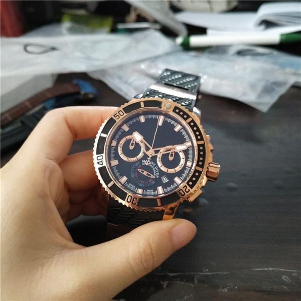 Reloj de pulsera para hombre con movimiento de cuarzo de acero inoxidable con cara negra, cronómetro, correa de goma UN14270A