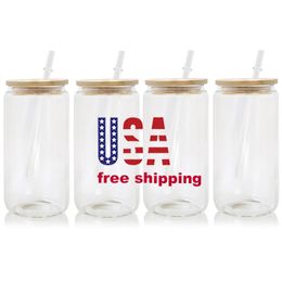 CA USA entrepôt vendeur 16oz blanc sublimation soda en forme de tasses bière verre canette avec couvercle en bambou pour café glacé