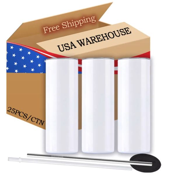 Top Seller USA CAN Warehouse Tazas de 20 oz Tazas de acero inoxidable en blanco recto Vasos de sublimación de 20 oz de doble pared con paja 118