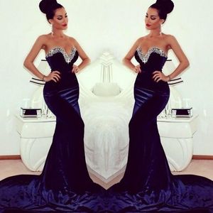 Top vente 2014 hiver chérie paillettes robes de soirée balayage train sirène robes de bal fermeture éclair dos velours bleu marine robe de bal grande taille