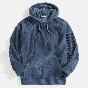 Pull à capuche en velours côtelé épais pour hommes, manches longues, couleur unie, poche kangourou, épaule, meilleure vente, 240219