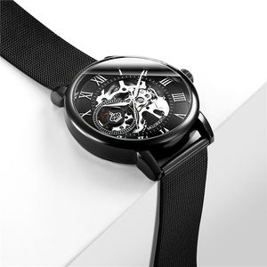 Top Selling Skeleton Ontwerp Zwart Mechanische Horloges Mannen Roestvrijstalen Mesh Band Waterdichte Relogio Mannelijke Klok Polshorloge Horloges Horloges