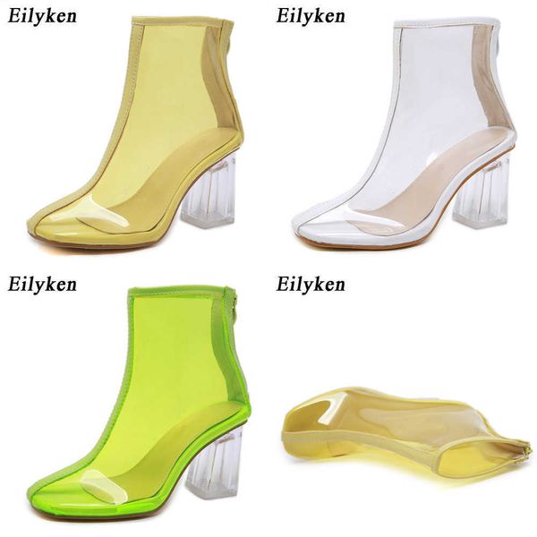 top Sexy PVC Transparent Bottes Bout Rond Chaussures Effacer Chunky Talons Femmes Bottes Sandales Zipper Mujer 230306