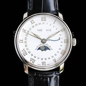 Top stijlvol automatisch mechanisch zelfopwindend horloge heren goud zilveren wijzerplaat saffierglas 40 mm cal.6654 dag datum maanfase polshorloge klassieke lederen band klok BN04